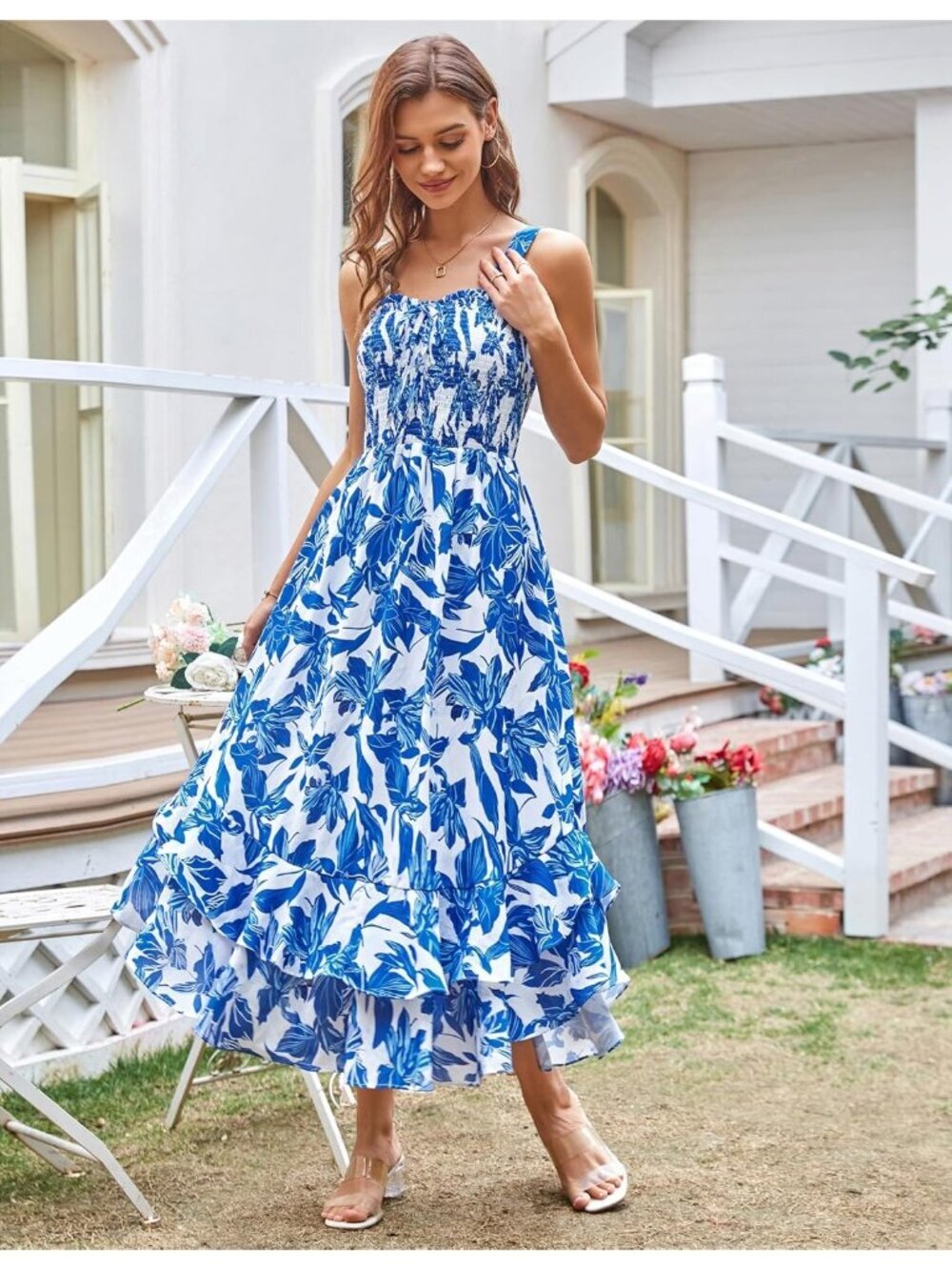 〽️Women's Blue White Square Neck Strapped A LINE Boho Long Floral Maxi Dress